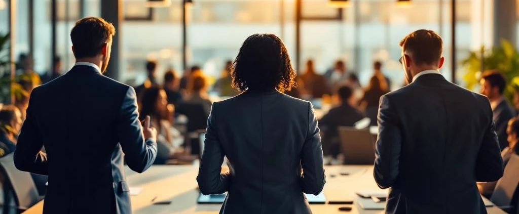 Diverse zakenmensen in modern kantoor tonen verschillende energieniveaus door lichaamshouding en dramatische belichting