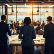 Diverse zakenmensen in modern kantoor tonen verschillende energieniveaus door lichaamshouding en dramatische belichting