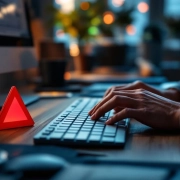 Vermoeide handen rusten naast toetsenbord op bureau met koffiekopjes en rode waarschuwingsdriehoek in kantooromgeving