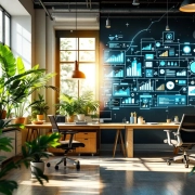 Kantooromgeving met planten en natuurlijk licht naast professionele werkplek met grafieken en technologie, verbonden door energielijnen