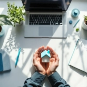 Bovenaanzicht van wit bureau met handen die huisvormig object vasthouden, thee, plant en wellness-items voor werkplek