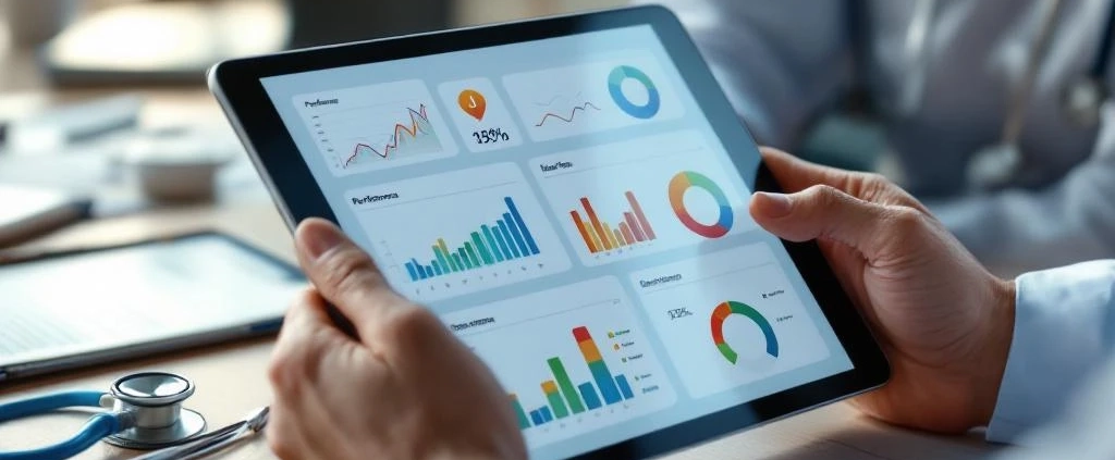Professionele handen houden tablet met kleurrijke prestatiemetrieken vast op bureau met stethoscoop en medische tools