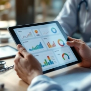 Professionele handen houden tablet met kleurrijke prestatiemetrieken vast op bureau met stethoscoop en medische tools