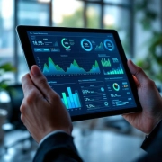 Handen houden tablet met kleurrijke data-visualisaties en wellness-metrics in moderne kantooromgeving