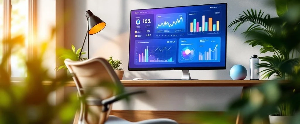 Moderne ergonomische werkplek met gezondheidsgrafieken op monitor, planten en welzijnsproducten in kantooromgeving