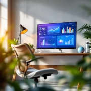 Moderne ergonomische werkplek met gezondheidsgrafieken op monitor, planten en welzijnsproducten in kantooromgeving