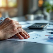 Vermoeide handen rusten op bureau naast financiële documenten en rekenmachine in moderne kantooromgeving