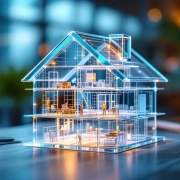 Glazen huismodel met meerdere verdiepingen op modern kantoorbureau, verlicht van binnenuit, symboliseert werkplek wellness