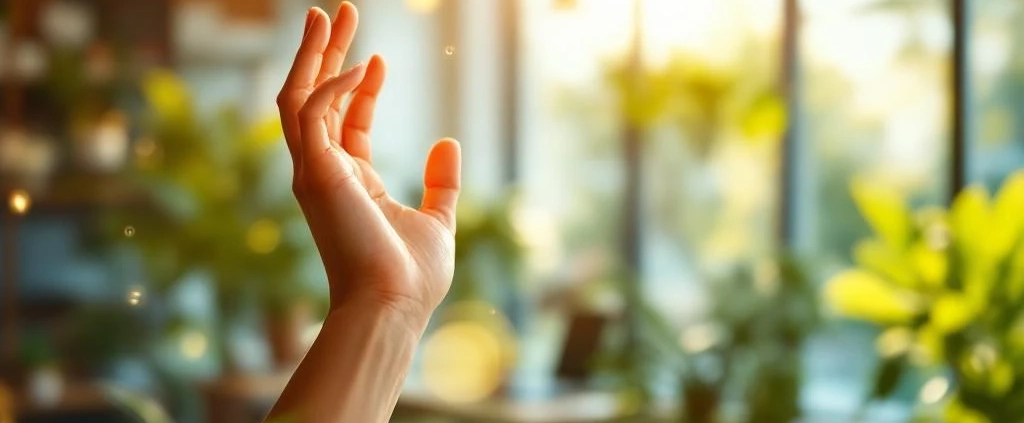 Handen reiken omhoog in dynamisch gebaar van vitaliteit in modern kantoor met gouden verlichting en groene planten