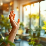Handen reiken omhoog in dynamisch gebaar van vitaliteit in modern kantoor met gouden verlichting en groene planten
