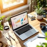 Laptop met kleurrijke wellness grafieken op houten bureau, omringd door planten, thee en HR documenten in modern kantoor