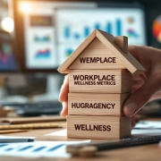 Handen stapelen houten blokken tot huis op kantoorbureau met meetgereedschap, symboliseert werkplek welzijn planning