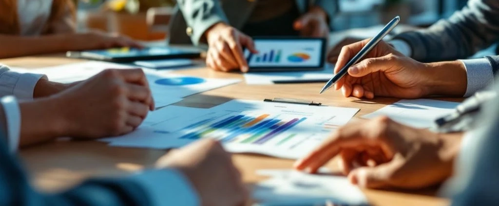 Diverse handen werken samen rond houten vergadertafel met wellness-grafieken op tablets in modern kantoor