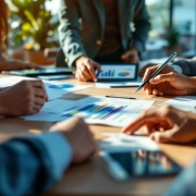 Diverse handen werken samen rond houten vergadertafel met wellness-grafieken op tablets in modern kantoor