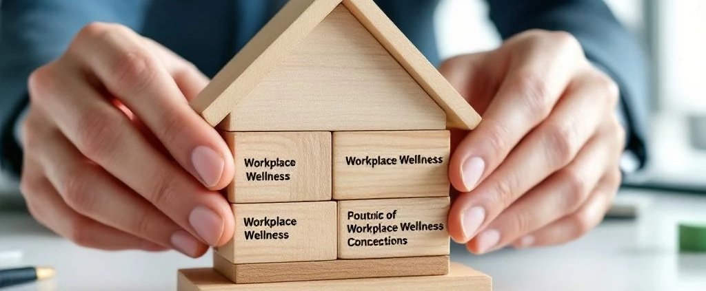 Handen bouwen miniatuurhuis met houten blokken gelabeld met workplace wellness concepten op wit bureau in kantoor