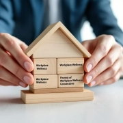 Handen bouwen miniatuurhuis met houten blokken gelabeld met workplace wellness concepten op wit bureau in kantoor