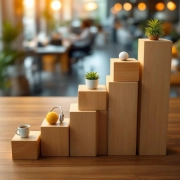 Houten blokken in trapvorm met werkplek wellness items zoals plant, koffiekop en hoofdtelefoon in modern kantoor