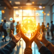 Diverse werknemers in modern kantoor reiken naar gouden bol die werkgeluk symboliseert, met medische grafieken op achtergrond