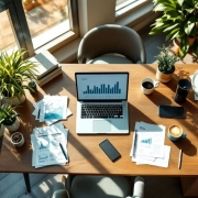 Moderne werkplek met laptop, analytische grafieken, groene planten en koffie op houten bureau bij raam