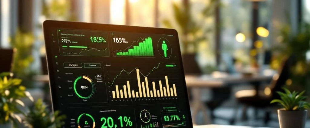 Moderne werkplek met productiviteitsgrafieken en welzijnsindicatoren in groen, ergonomisch meubilair en planten
