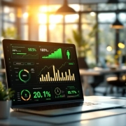 Moderne werkplek met productiviteitsgrafieken en welzijnsindicatoren in groen, ergonomisch meubilair en planten