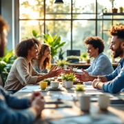 Diverse medewerkers werken samen aan moderne vergadertafel in duurzame kantooromgeving met planten en natuurlijk licht.