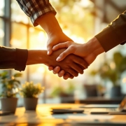 Diverse handen komen samen boven modern bureau met plant, gouden zonlicht door ramen, kantoor teamwork concept