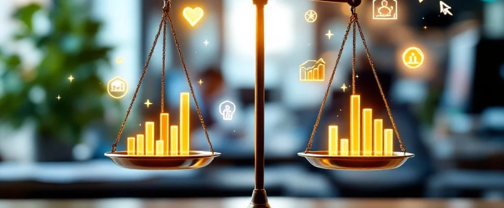 Professionele weegschaal toont werkprestatie-indicatoren met gloeiende energiebalken in modern kantoor