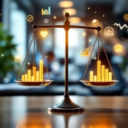 Professionele weegschaal toont werkprestatie-indicatoren met gloeiende energiebalken in modern kantoor