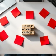 Bovenaanzicht van kantoorbureau met omgevallen houten blokken en zeven rode waarschuwingskaarten over werkvermogen