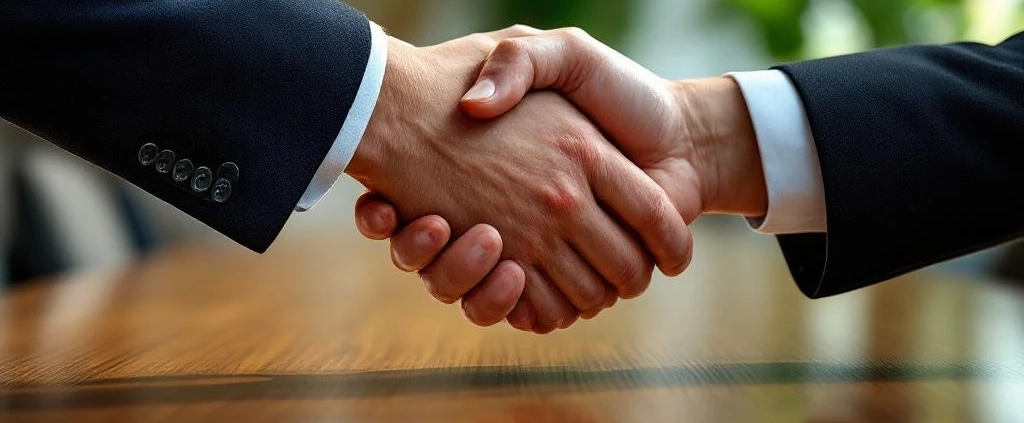 Professionele handdruk tussen zakelijke leiders boven houten vergadertafel met groene planten op achtergrond