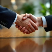 Professionele handdruk tussen zakelijke leiders boven houten vergadertafel met groene planten op achtergrond