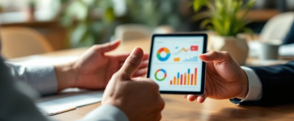 Twee professionele handen in gesprek, één gebarend, ander houdt tablet met datavisualisaties op moderne houten tafel