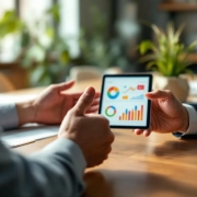 Twee professionele handen in gesprek, één gebarend, ander houdt tablet met datavisualisaties op moderne houten tafel