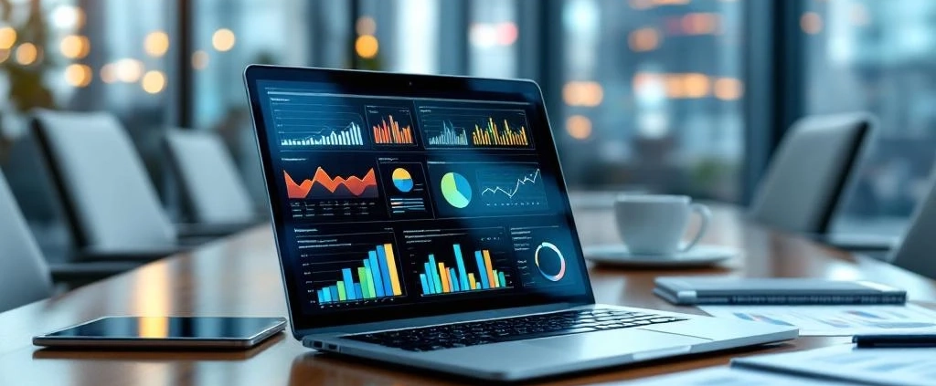 Laptop met kleurrijke data dashboards op houten vergadertafel in moderne glazen kantoor boardroom