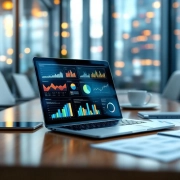 Laptop met kleurrijke data dashboards op houten vergadertafel in moderne glazen kantoor boardroom