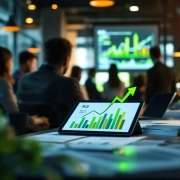 Financiële ROI-grafieken met groene stijgende pijlen op tablets, diverse professionals op moderne kantoorachtergrond