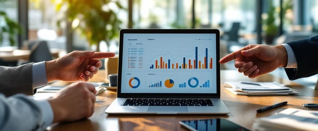 Zakelijke handen wijzen naar laptop met datagrafieken op houten vergadertafel in moderne glazen kantoorruimte