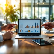 Zakelijke handen wijzen naar laptop met datagrafieken op houten vergadertafel in moderne glazen kantoorruimte